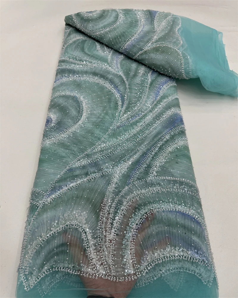 African Sequins Lace Fabric Nigerian 2025 High Quality French Beaded Mesh Tulle Embroidery Wedding Dresses Lace Sewing