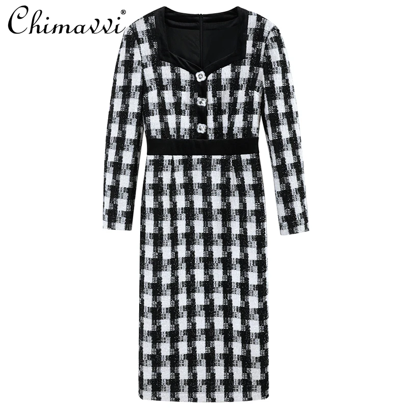 

2024 New French Autumn Semi-open Neck Elegant Black and White Grid Slim Waist Hip Dress For Women