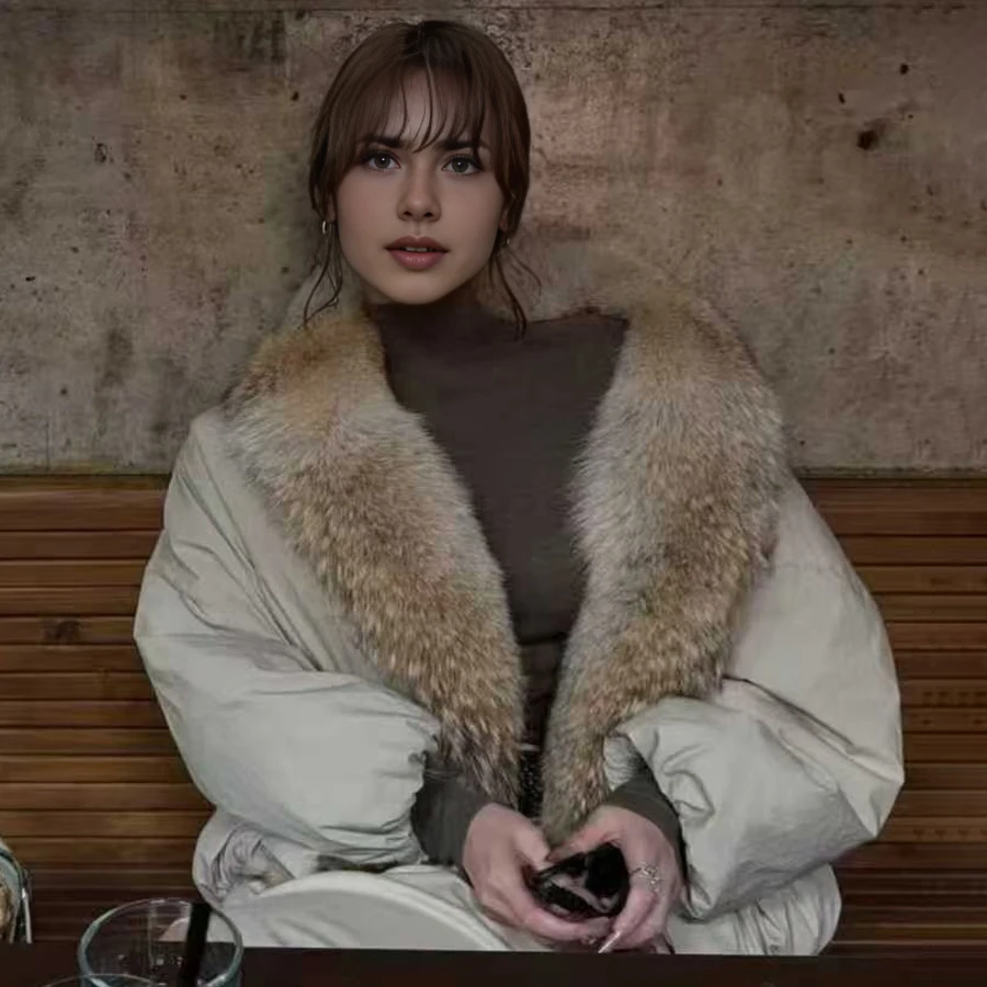 سترة شتوية نسائية من فراء الثعلب الحقيقي سترة منتفخة معطف فرو الثعلب الأصلي سترة فروي أنيقة #3