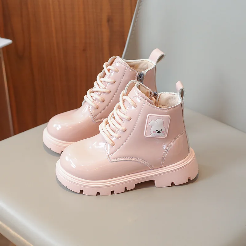 Girls Boots 2024 Fashion Rabbit Short Boots British Style Patent Leather Ankle Boots Spring Autumn Round Toe Low-Heel Kids Shoes