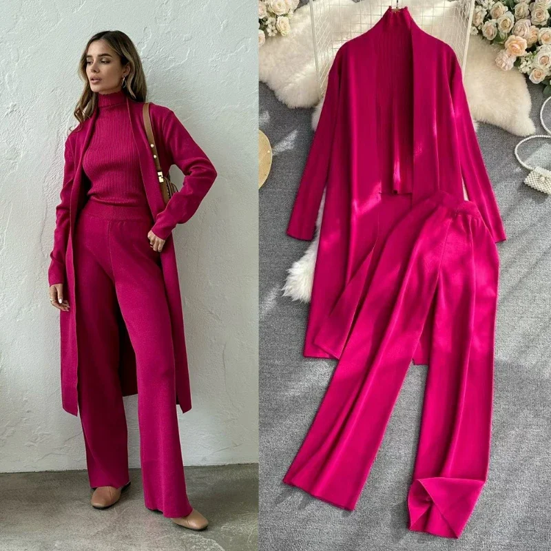 Three Piece Pant Sets Women Knit Cardigan Vests Pants Suit Straight Solid Full Sleeve Sweaters Thick Slim Fit Casual Autumn