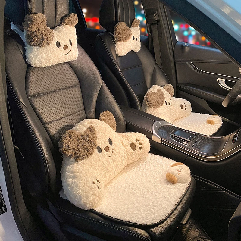 Car Headrest Neck Pillow Cartoon Puppy Plush Cushion Car Seat Support Cushion Car Interior Accessories Seat Lumbar Neck Pillow