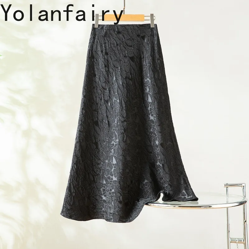 YOLANFAIRY 35% Mulberry Silk 62% Rayon Skirts for Women Summer 2026 High Waist Satin Skirt Woman Clothes Elegant Jacquard Skirts