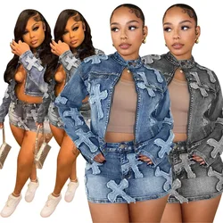 EINY Y2k Luxury Brand Design 2024 Autumn Winter New In Denim Jacket Tops And Mini Short Skirt Set For Women Outerwear Jean Coat