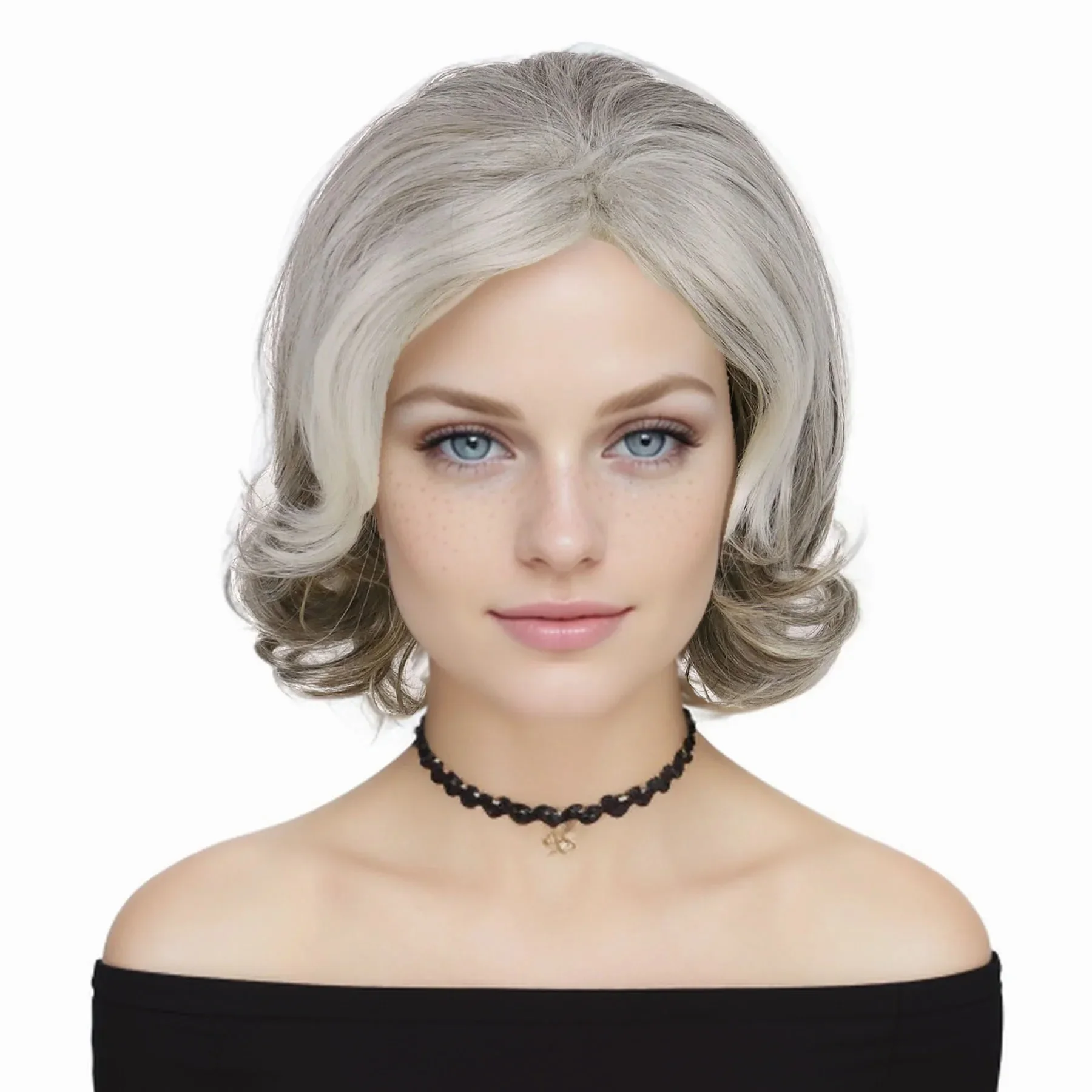 Synthetic Short Grey Wigs for Women Curly Hair Mixed White Bangs Fluffy Frizzy Design on Top Older Ladies Granny Old Lady Wigs