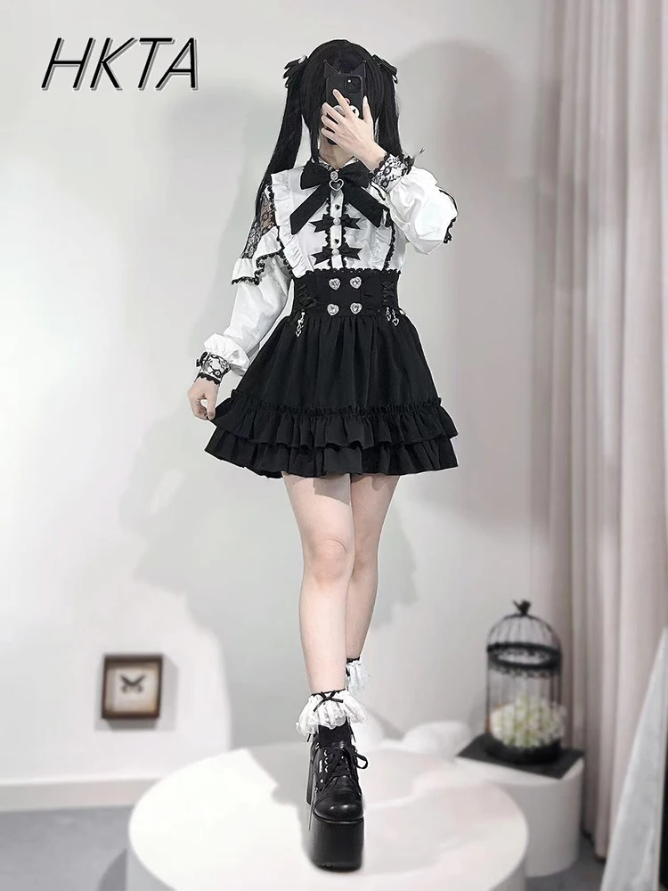 Sistem Pertambangan Jepang Kemeja Blus Lengan Panjang Pita Manis Modis Manis Lolita Rok Hitam Pinggang Tinggi Wanita Set Dua Potong