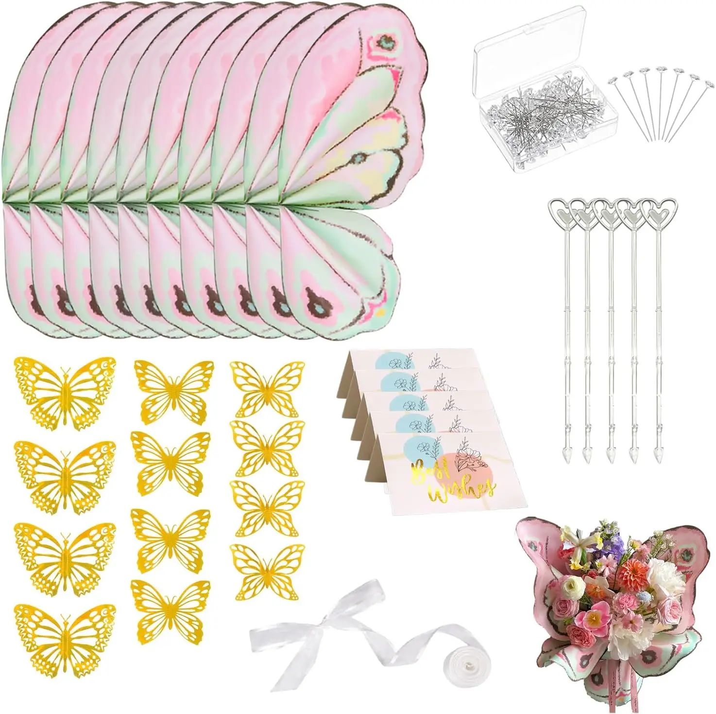 

Набор для декорирования цветочных букетов из 93 предметов - подарочная упаковка с бабочками и украшениями для самостоятельного оформления, универсальные материалы для рукоделия