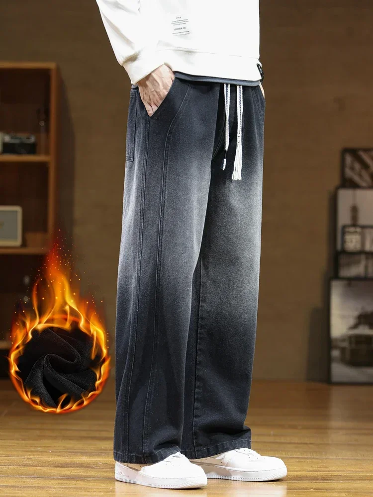 2024 Winter New Men's Jeans Thicken Velvet Warm Denim Pants Wide-Leg Straight Thermal Fleece Baggy Jean Trousers Plus SIze 8XL