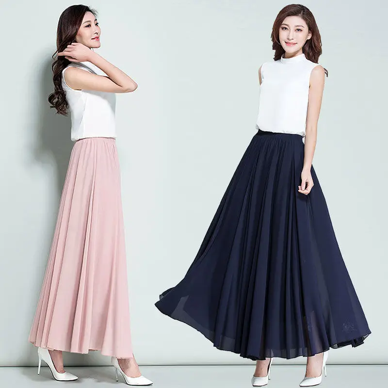 HongBiTu Women Sexy beautiful stretch High Waist Pure color  Chiffon Skirt Dance long skirt YF0045