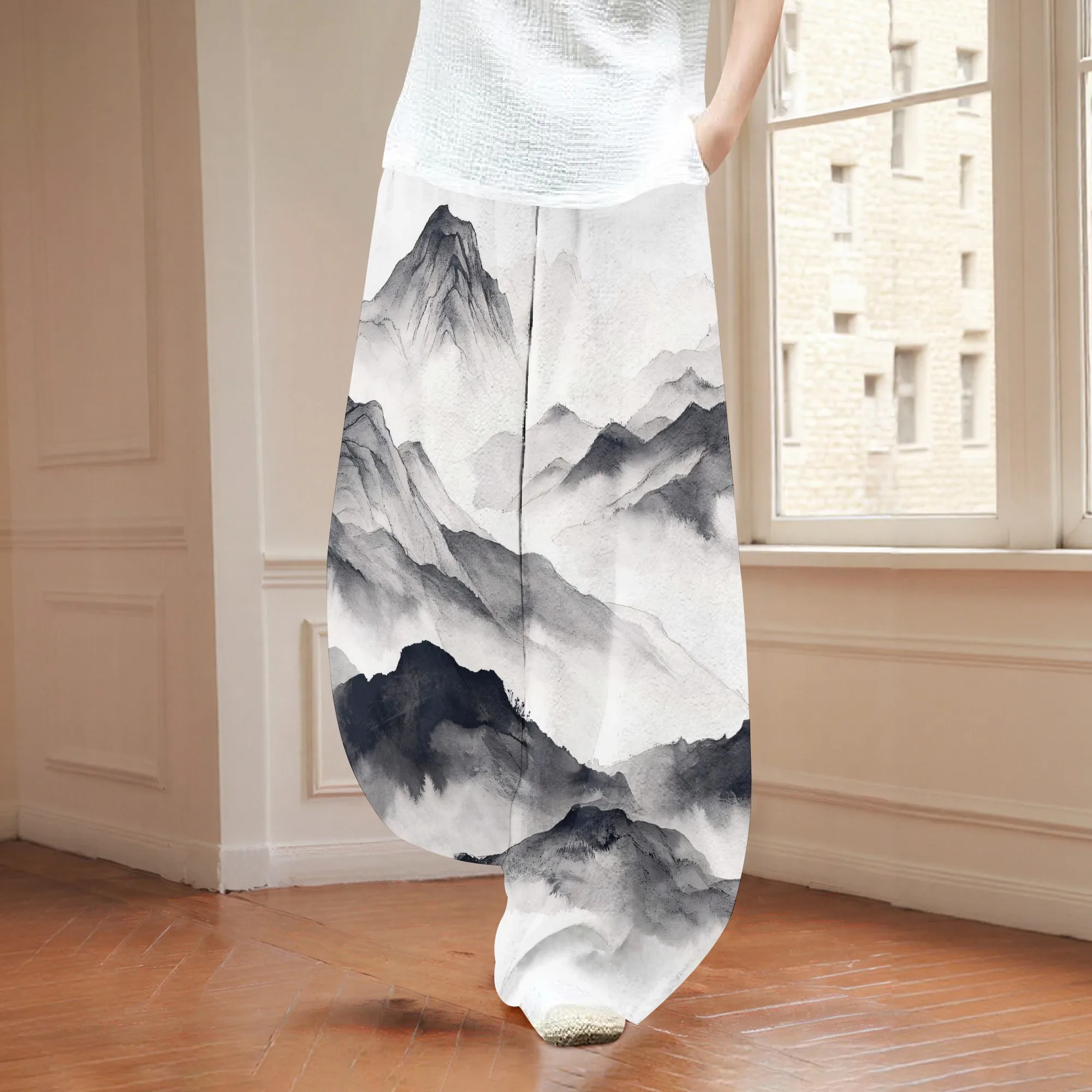 EQQZD Women's Blue Tropical Printed Pants Polyester Wide-Leg Ankle Beach Spring Stylish Comfort Fit