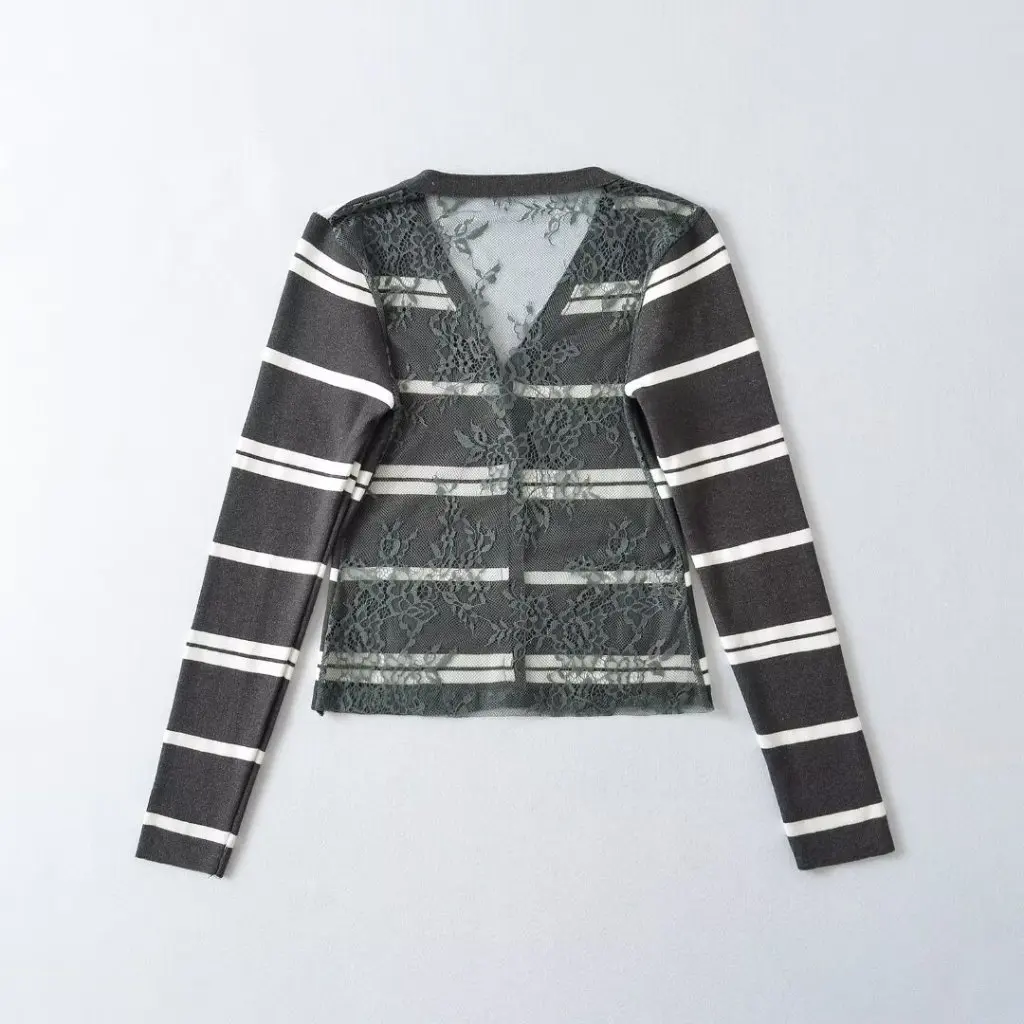 

Women's Pure Micro-Transparent Lace Stitching Cardigan Korean Style V-neck Striped Long-Sleeved Knitted Sweater for Autumn