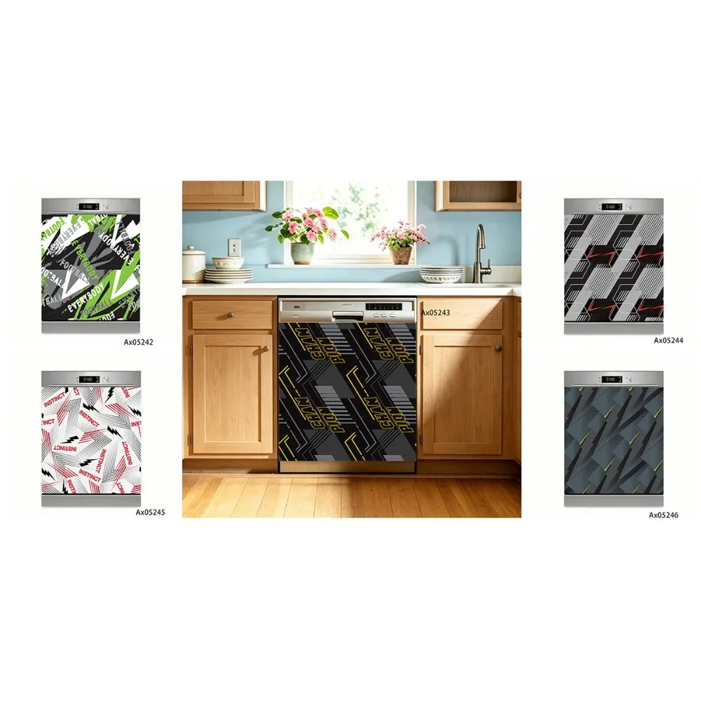 Bold Hand Drawn Yellow Grey Brushstroke Dishwasher Door Wrap Sticke Large Houndstooth Modern Furniture Cabinet Decor Sticker