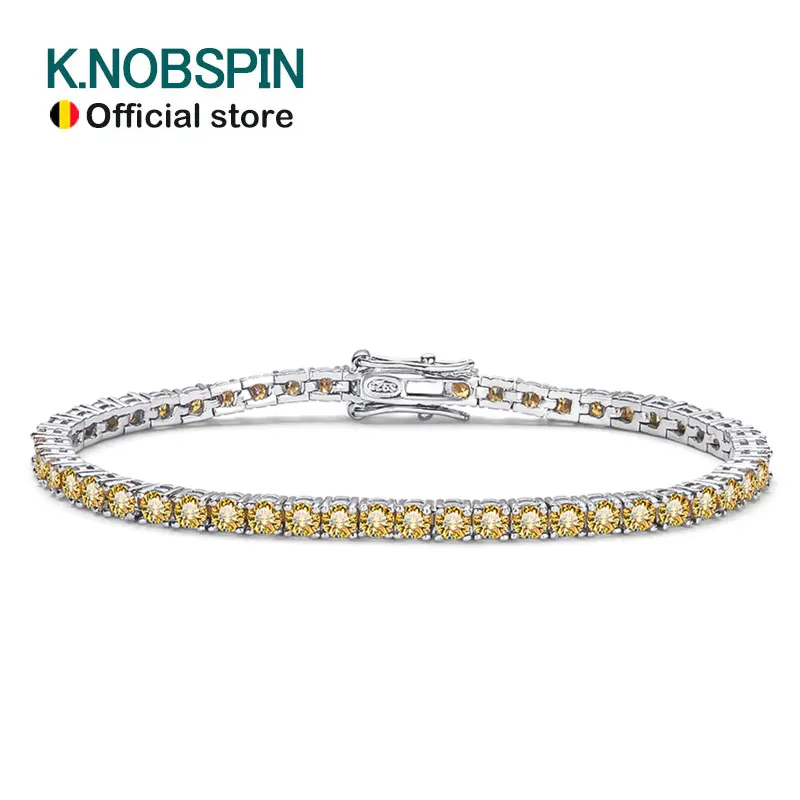 

KNOBSPIN 3mm Champagne Real Moissanite Tennis Bracelet Sparkling Full Diamond Trendy Jewelry GRA Certified 925 Silver Bracelets