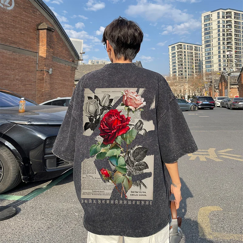 Gothic Washed T-Shirt for Men Vintage Rose Graphic Short Sleeve Tee Tops Hip Hop Street Couple Tshirts Men Women Clothing