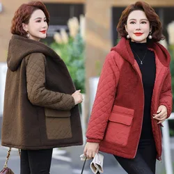 Winter Thickened Lamb Patchwork Hooded Coat For Winter Korean Loose Mid-Long Hooded Coat Women's Warm Basic Jackets