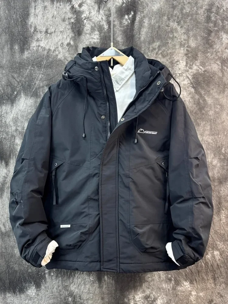 Hooded Stand Collar Men Down Coat New Winter Casual Cargo Jacket Solid Color Long Sleeve Windproof Thicken Warm Outerwear Male