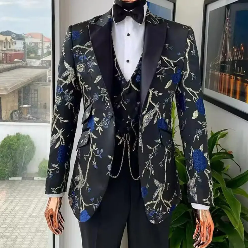 Jacquard Formal Suits For Men Wedding Raven And Forest Pattern Jacket 3 Piece Customized Groom Tuxedo (Blazer + Vest + Pants)