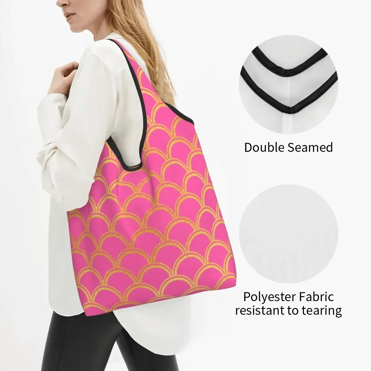 Custom Kawaii Printed Pink Gold  Scale Wave Pattern Shopping Tote Bags Portable Shopper Shoulder Handbag