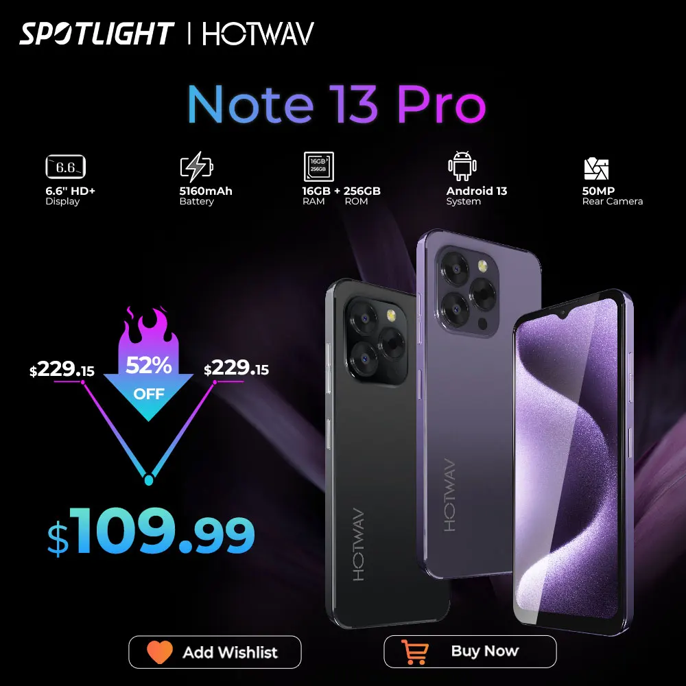 [World Premiere] HOTWAV Note 13 Pro Smartphone 6.6'' HD+ Android 13 16GB+256GB Octa-Core Mobile Phone 50MP 5160mAh Cellphone