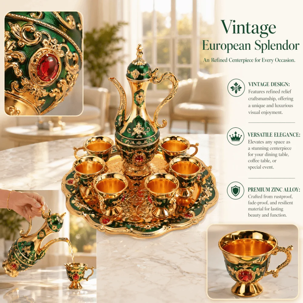 8PCS With 6 Cups Coffee Pot Set Gold Green Zinc Alloy Teapot Tea Service Set With Tray Gold Blue Turkish Tea Set For Birthday view 4