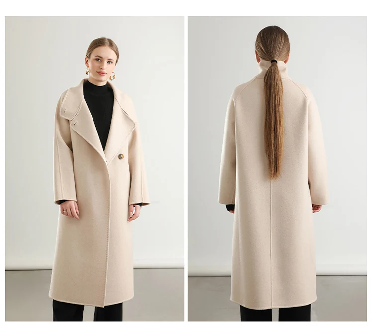 Pure Wool Trench Coat 100% Woolen Overcoat Dense Fabric New Women Turn-down Collar Handmade Long Coat Winter Jacket #20