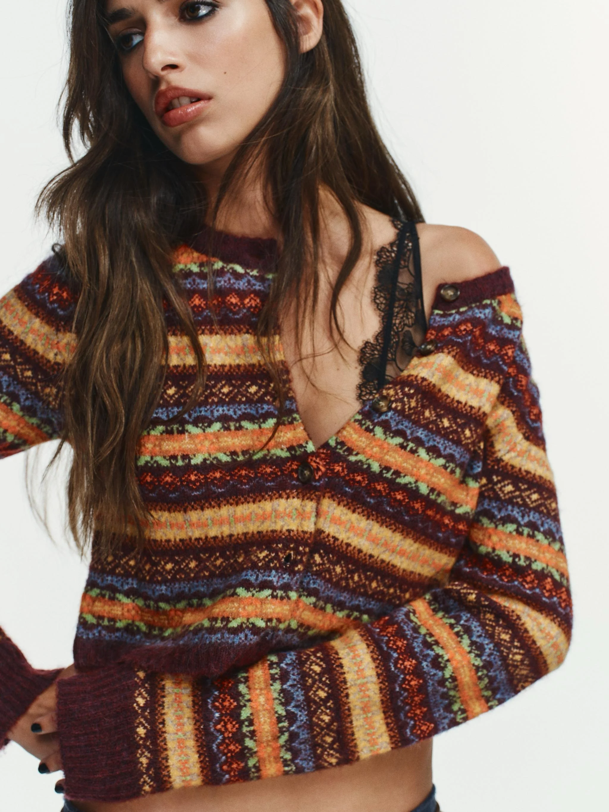 

2026 women's long sleeved short cardigan round neck striped jacquard knitted cardigan