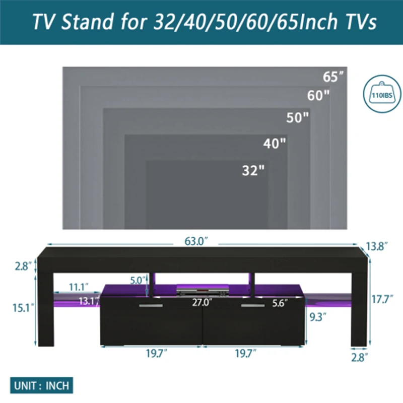 Fashiontvstandtvabinete, centro de entretenimento, tvstationtv console, console de mídia, com cinto de luz led, controle remoto de cinto de luz, preto