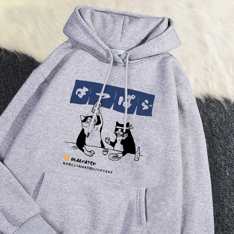 Fashion Woman Hoodie Original Japanese Retro Cat Printed Sweatshirt Loose Pocket Warm Fleece Pullover Autumn Winter Streetwear