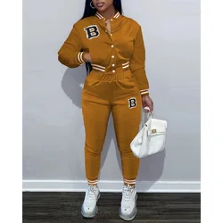 Letter Pattern Striped Baseball Jacket and High Waist Pants Set for Women Casual 2-Piece Long Sleeve Set Autumn Fashion 2024