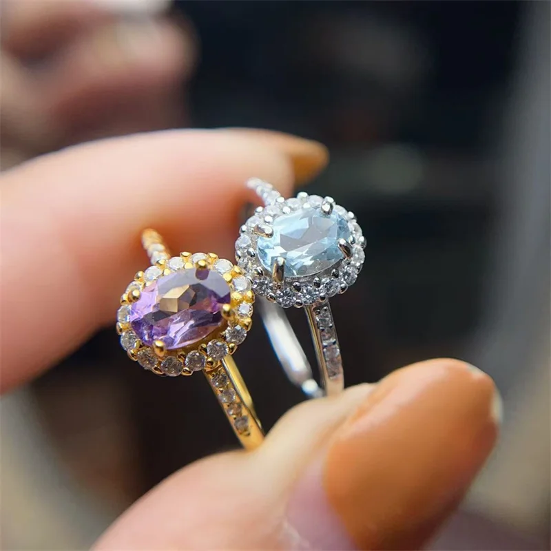 

Natural Gemstone Amethyst Topaz Wedding Ring 925 Sterling Silver Yellow Gold Women Girl Lady Christmas Gift with Certificate