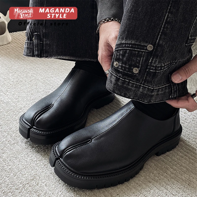 Maganad Tabi Babouches Loafer Flat Shoes for Women and Men Couple Shoe Split Toe Genuine Leather Black Flats