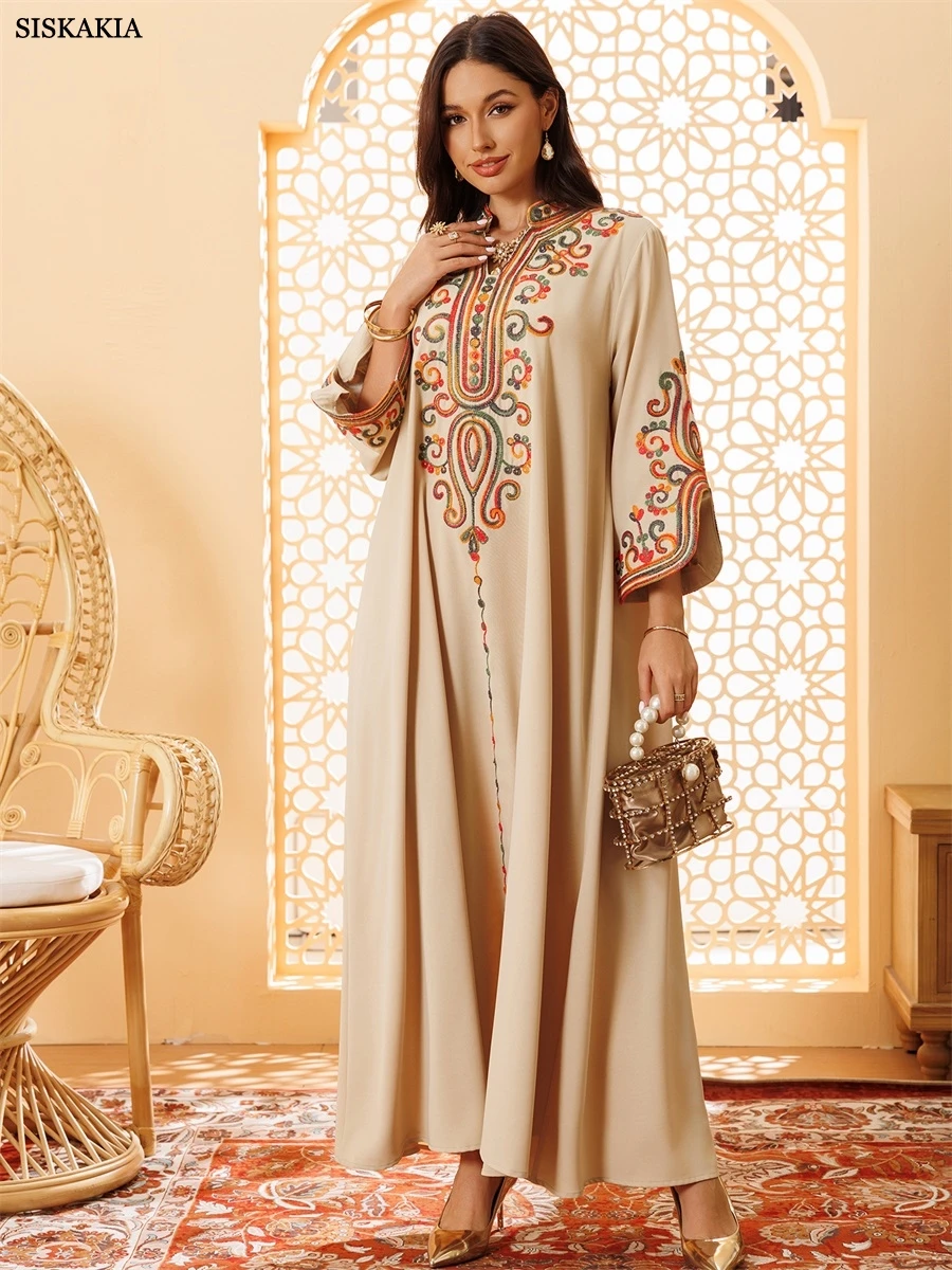 Siskakia Ramadan Muslimische Damen bestickte lose Abaya-Kleider für Frauen Gala Marokko Dubai Eleganter lässiger Kaftan