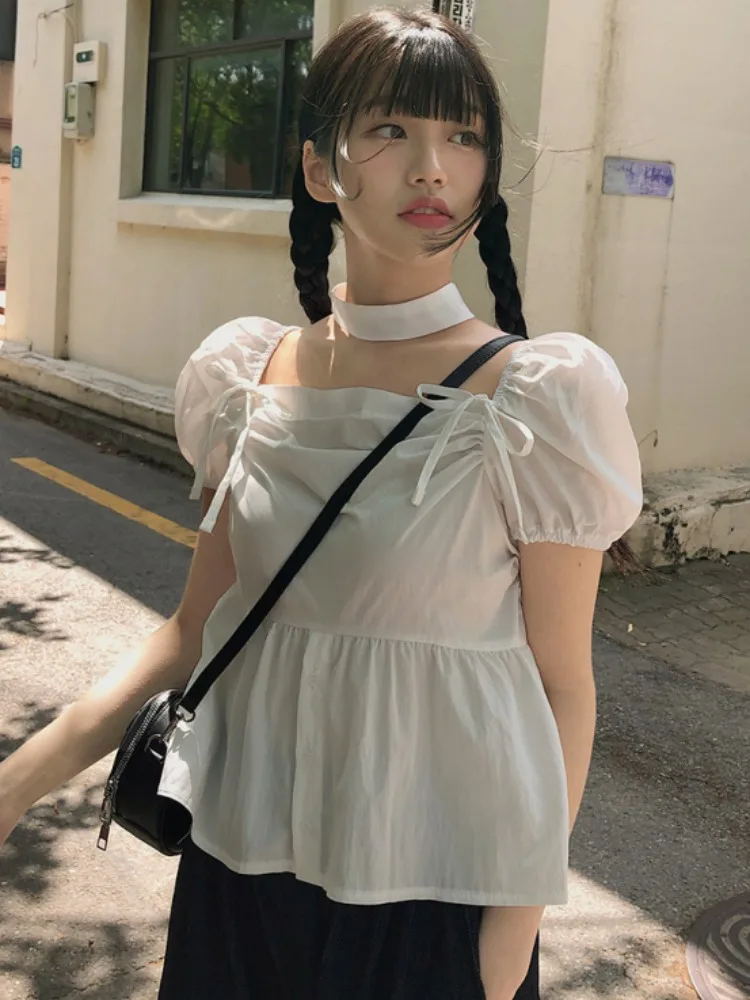 

Chic Summer Women's Bubble Sve irt Stand Collar Gored Hem Belted Top Korean Sle Loose Fit ort Sve Knot