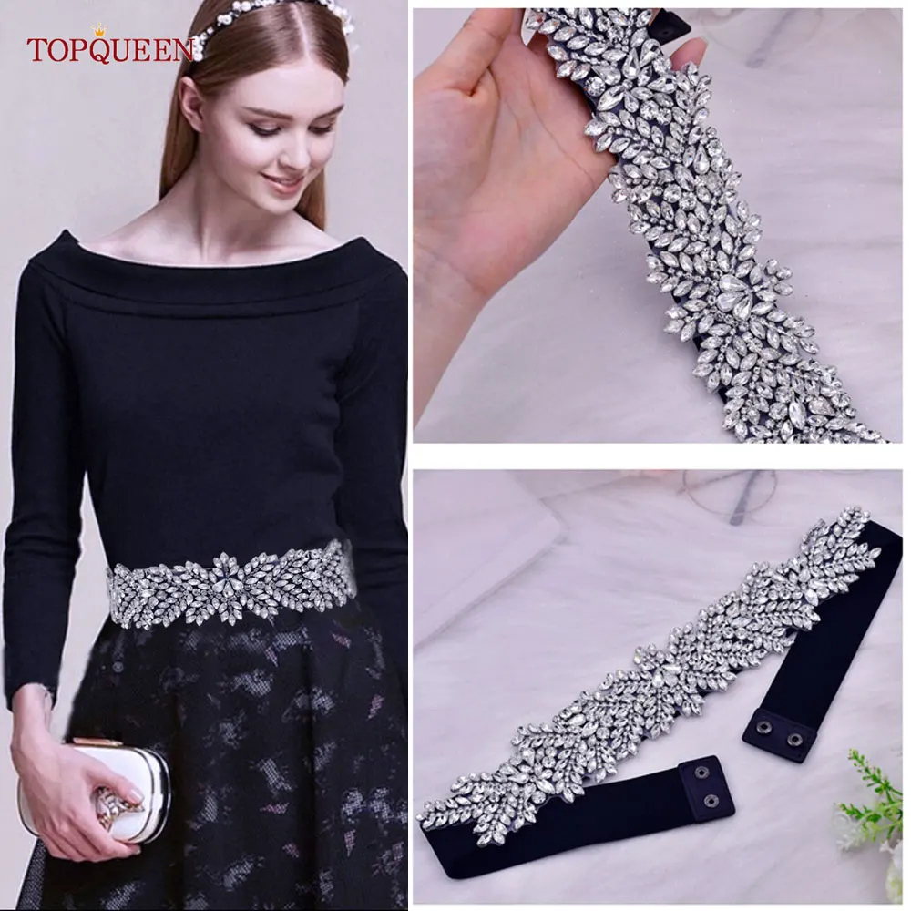 TOPQUEEN S420-B Women Black Fashion Elastic Wide Belts Adult Rhinestone Handmade Party Evening Sash Dress Gown Accessories Daily