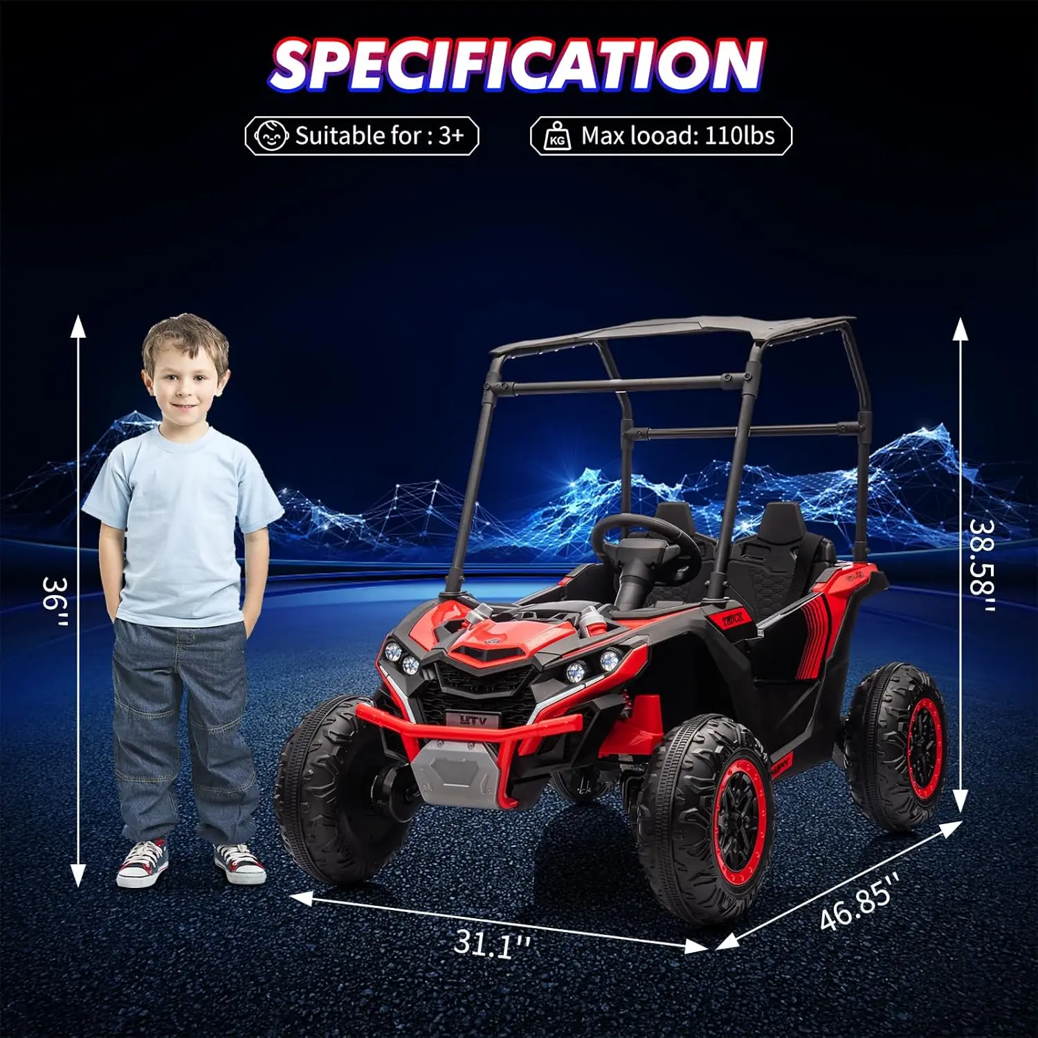 24V Ride On Utv para niños, camión eléctrico de 2 plazas con parasol, coche eléctrico de juguete 4WD con control remoto, luces LED, 4 golpes A