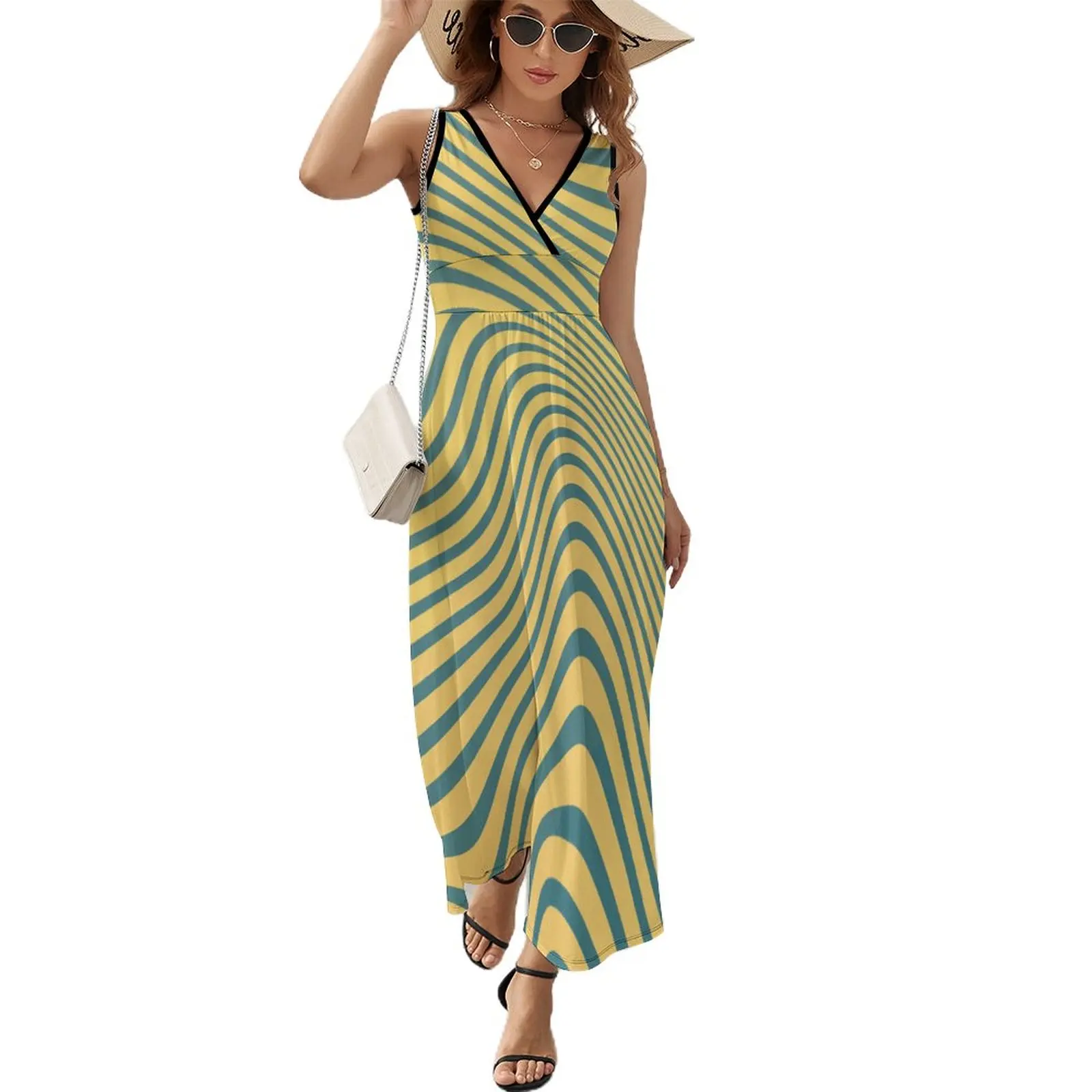 

Yellow Striped Dress WomanParty Maxi Dress V Neck High Waist Street Wear Graphic Bohemia Long Dresses