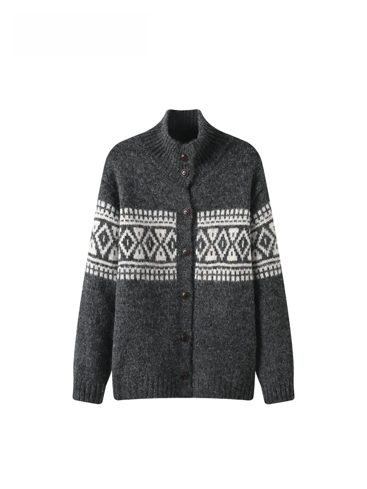 

plus Size Women's Faionable Retro Long Sve Stand Collar Sweater Autumn Winter Thiened Korean Sle Loose Fit Geometric...