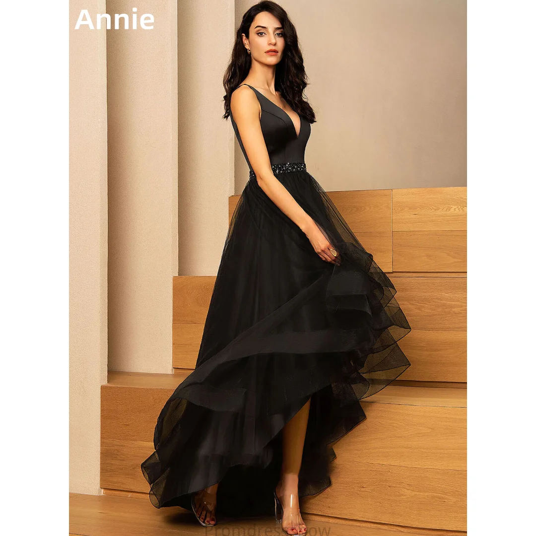 Annie Black Wedding Dress High and Low Tulle Sequin Beads Prom Dresses V-neck Elegant Lady Bespoke Occasion Dresses