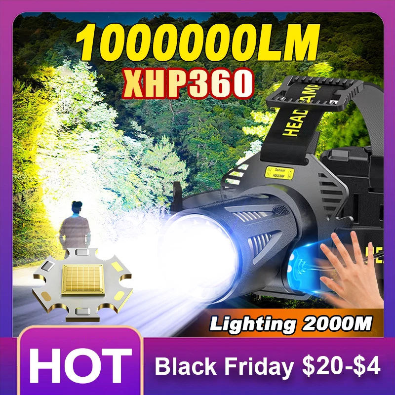 XHP360 Head Flashlight 1000000LM Powerful Headlamp XHP70 Front Led Rechargeable Led Head Flashlight Fishing Camping Head Lantern