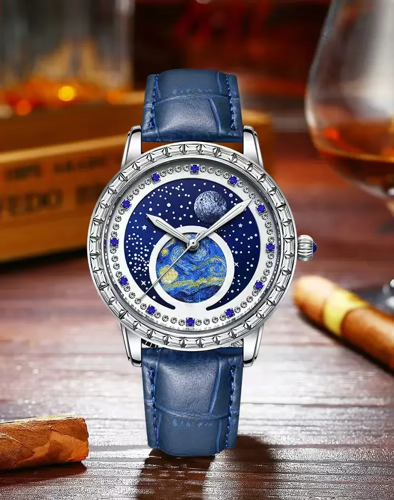 Luxury Men's Quartz Watch, Waterproof Luminous Oil Painting Starry Sky Dial, Multifunctional Watch