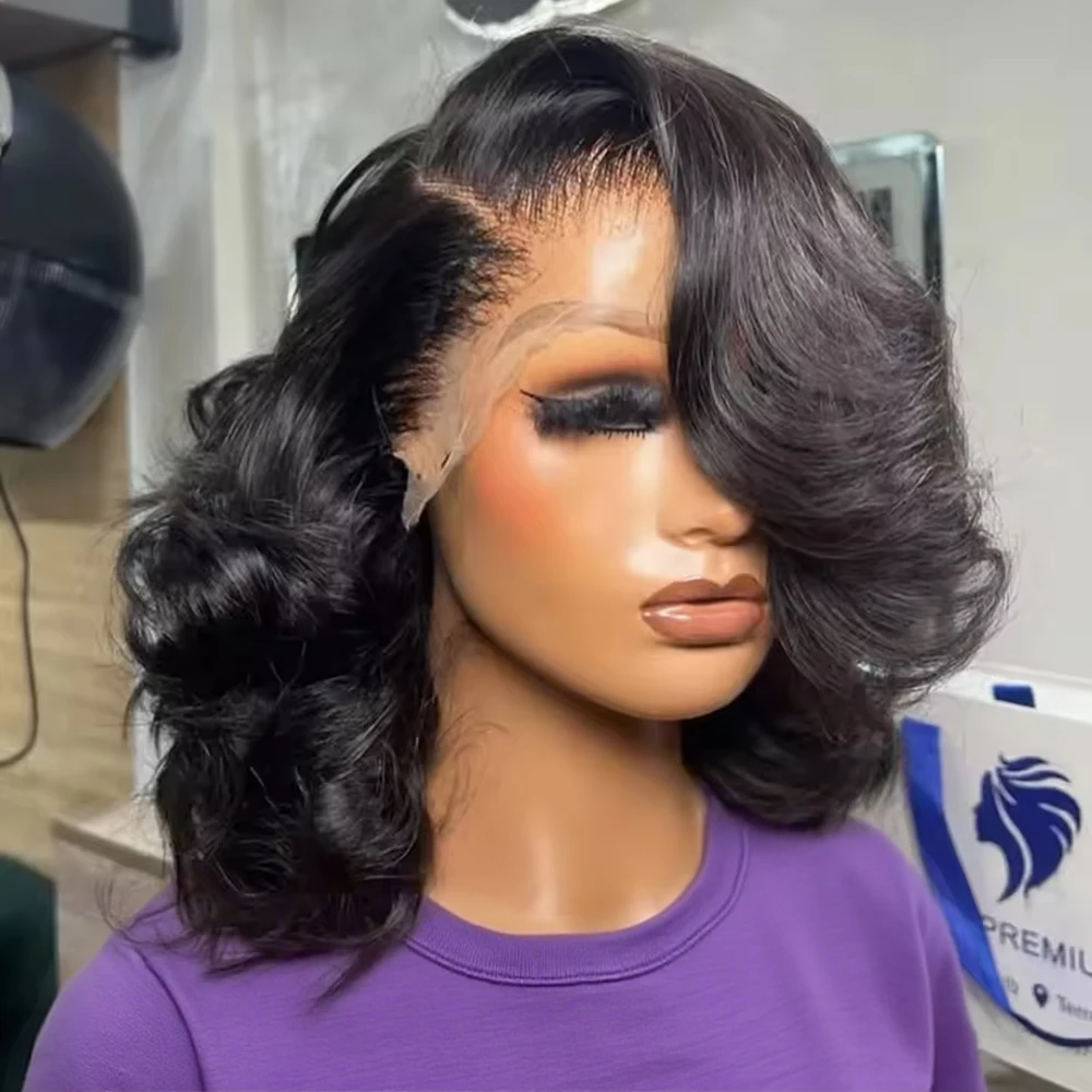 Pelucas de Cabello Humano con Frontal de Encaje Transparente 13x4, Densidad 220%, Sin Pegamento, HD 7x5, Listas para Usar, Ondas Corporales, Bob Corto de 16 Pulgadas