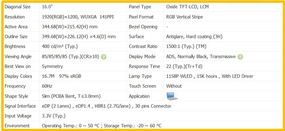 NE160WUM-N62 NE160WUM N62  16 inch Laptop Display LCD Screen No-touch IPS Panel FHD 1920x1200 EDP 30pins 60Hz