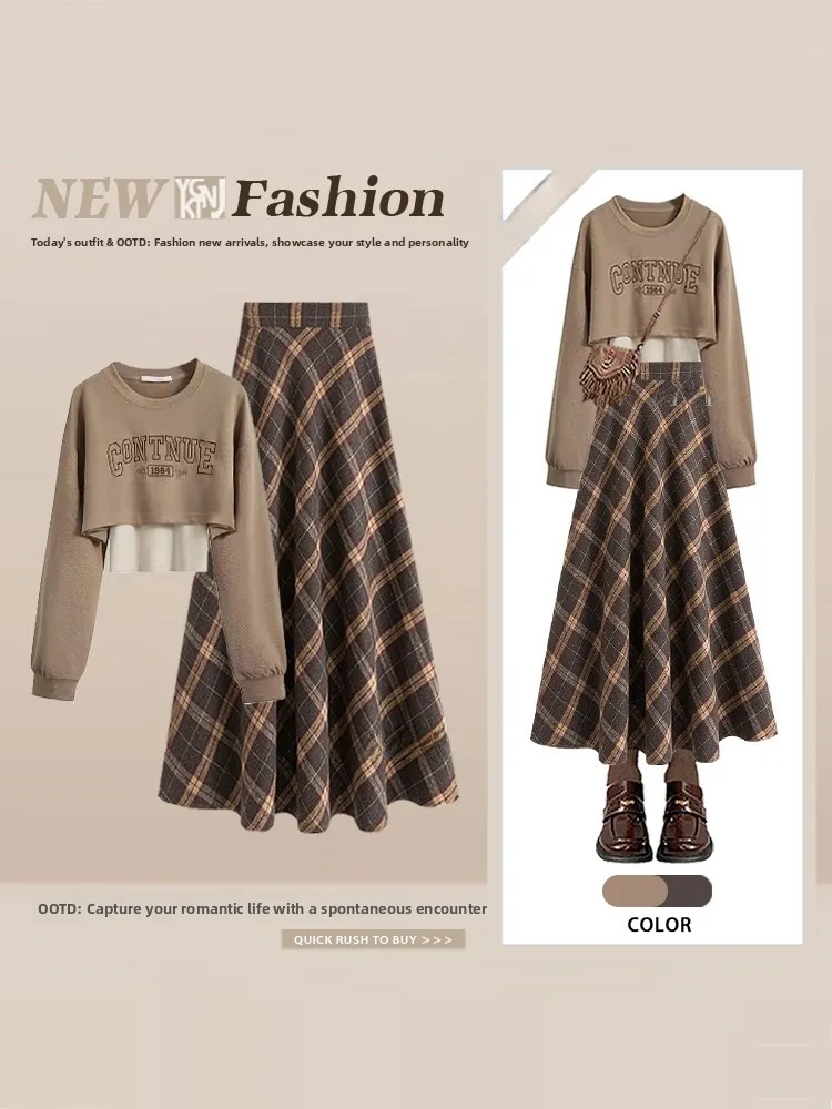 

Корейский ретро-комплект: свитшот с круглым вырезом и коротким рукавом, юбка в клетку с высокой талией, модный женский наряд на весну