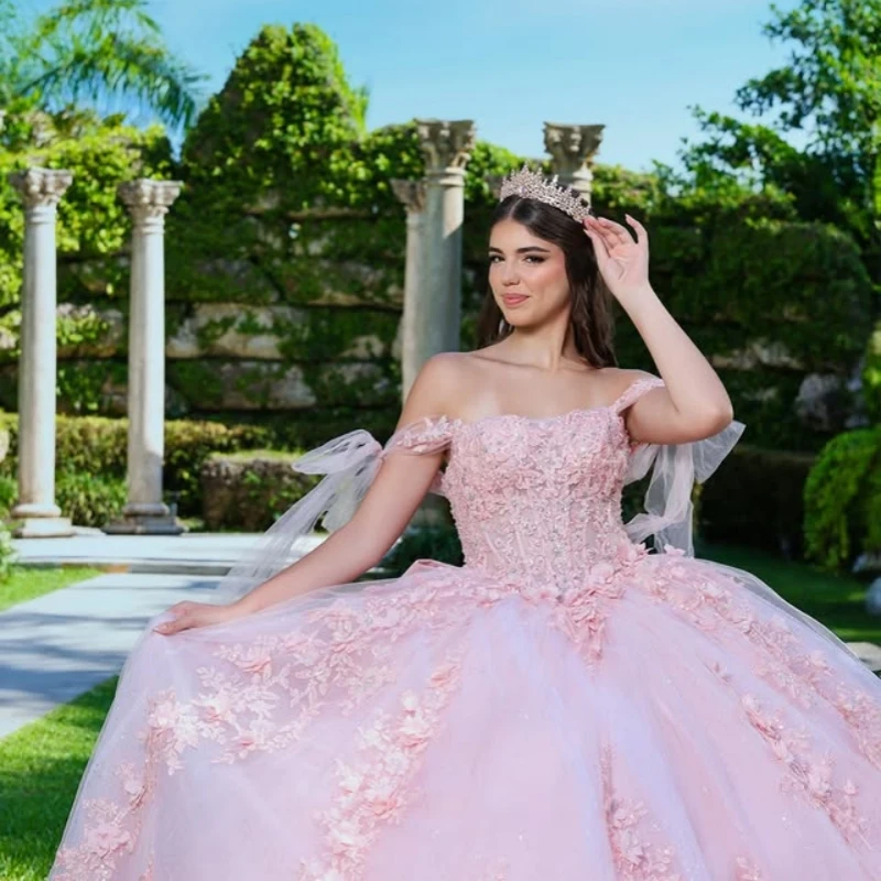 Customized Shiny Quinceanera Dresses Off the Shoulder applique 3D flower Long tail Vestido 15 Quinceanera