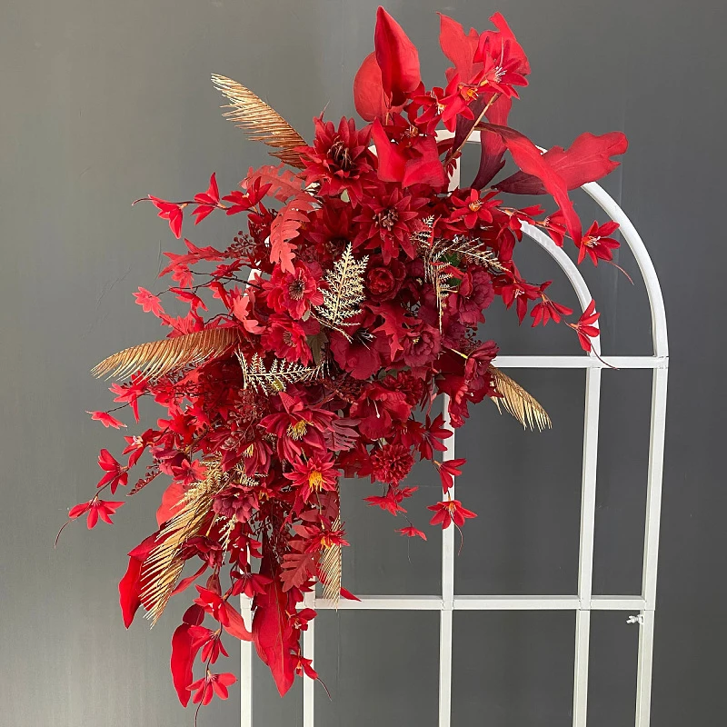 الاصطناعي الأحمر روز الذهب ورقة النبات الجدار الشنق زهرة صف الزفاف خلفية ديكور ترتيب الطريق الرصاص كرة زهرية الدعائم #4