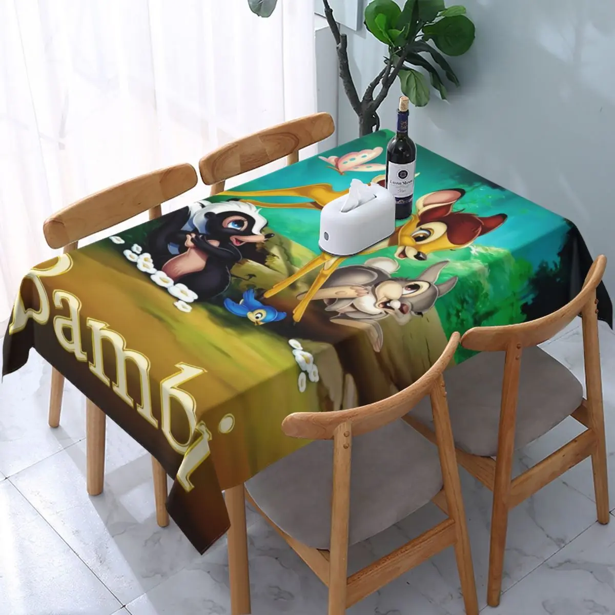 Custom Rectangular Oilproof Disney Bambi Animated Movies Table Cover Elastic Fitted Table Cloth Backing Tablecloth for Dining