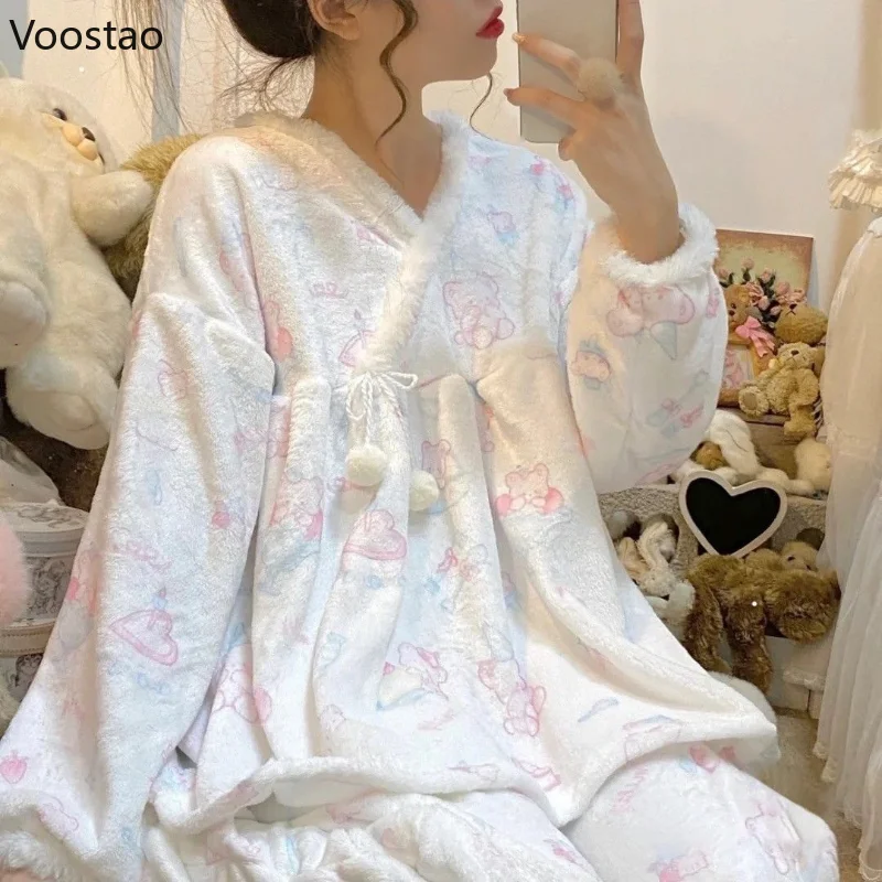 Autumn Winter Sweet Lolita Style Pajama Sets Women Kawaii Cartoon Bear Print Warm Sleepwear Girls Cute Coral Fleece Nightwear