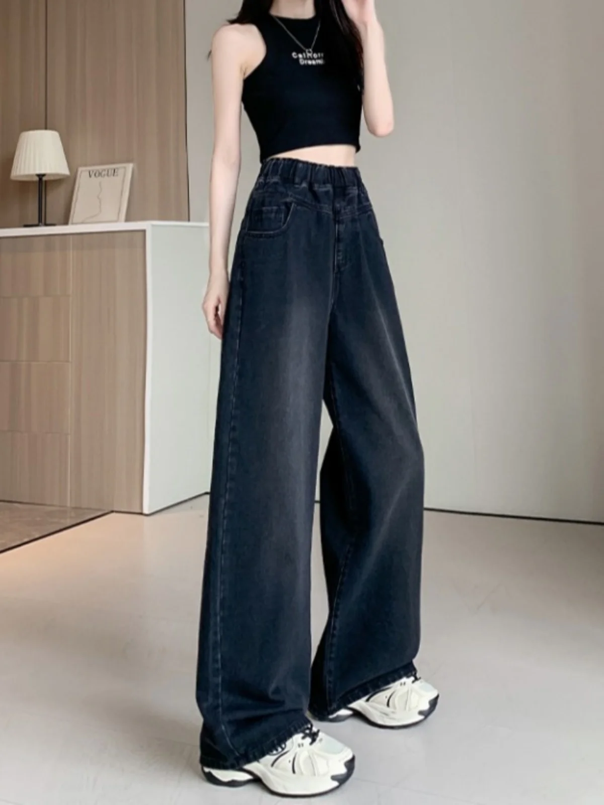 

plus Size Fashionable Retro Fleece Lined Denim High Waist Wide Leg Pants Women Autumn Hide Meat Slimming High End Feeling Pants