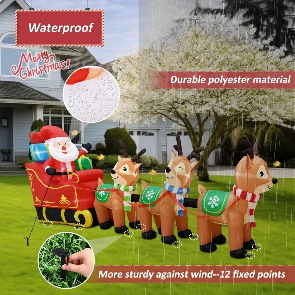 12 Ft Christmas Inflatables Outdoor Decorations Giant Blow Up Yard Decorations Inflatable Santa Claus on Sleigh and 3 Reindeer