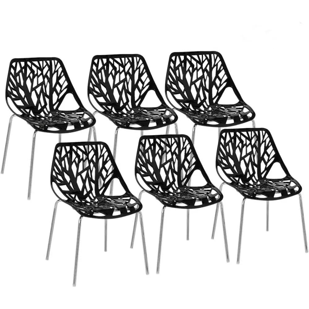 Modern Black Dining Chairs Set of 6,Plastic Saping Birch Chairs,Stackable Dining Chairs Set for Living Room/Kitchen/Office